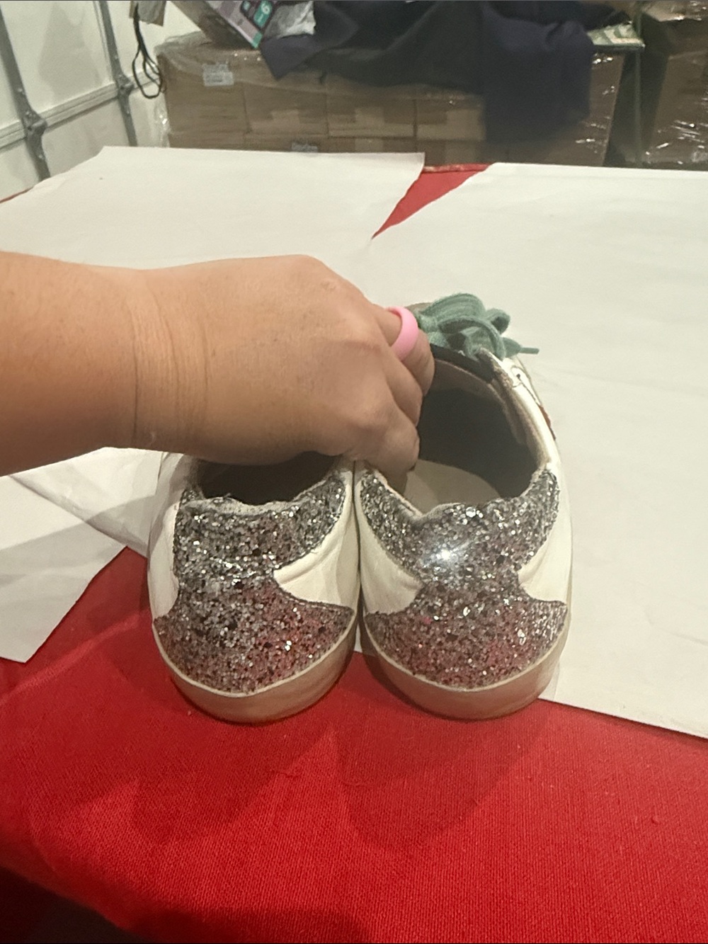 ShuShop White, Taupe & red Star Sneakers with Mint Laces - Picture 3 of 5